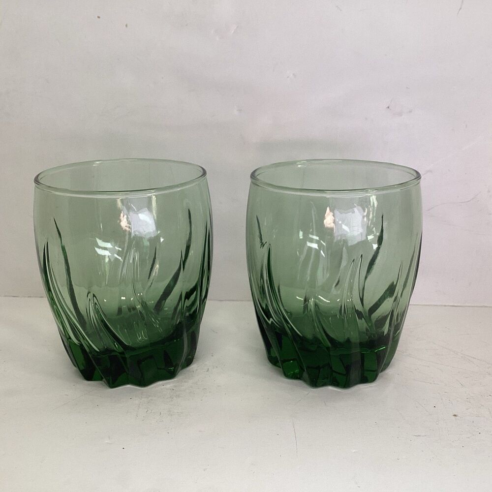 vintage anchor hocking swirl lowball glasses set of 2 Central Park green